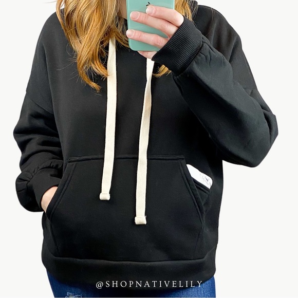 NWT Zenana Cell Phone Pocket Fleece Hoodie Sweatshirt, Black - Picture 4 of 5